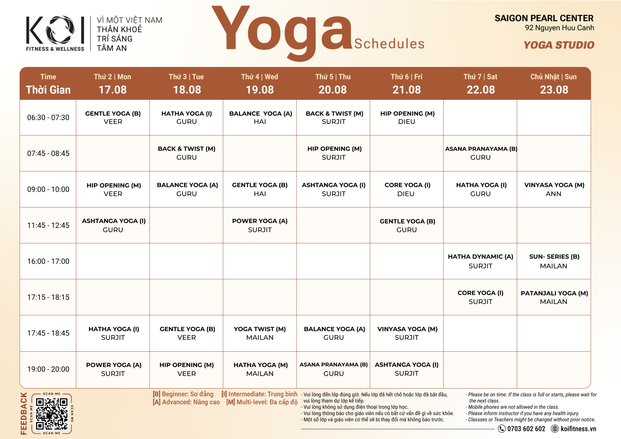 Lịch lớp Saigon Pearl - Yoga