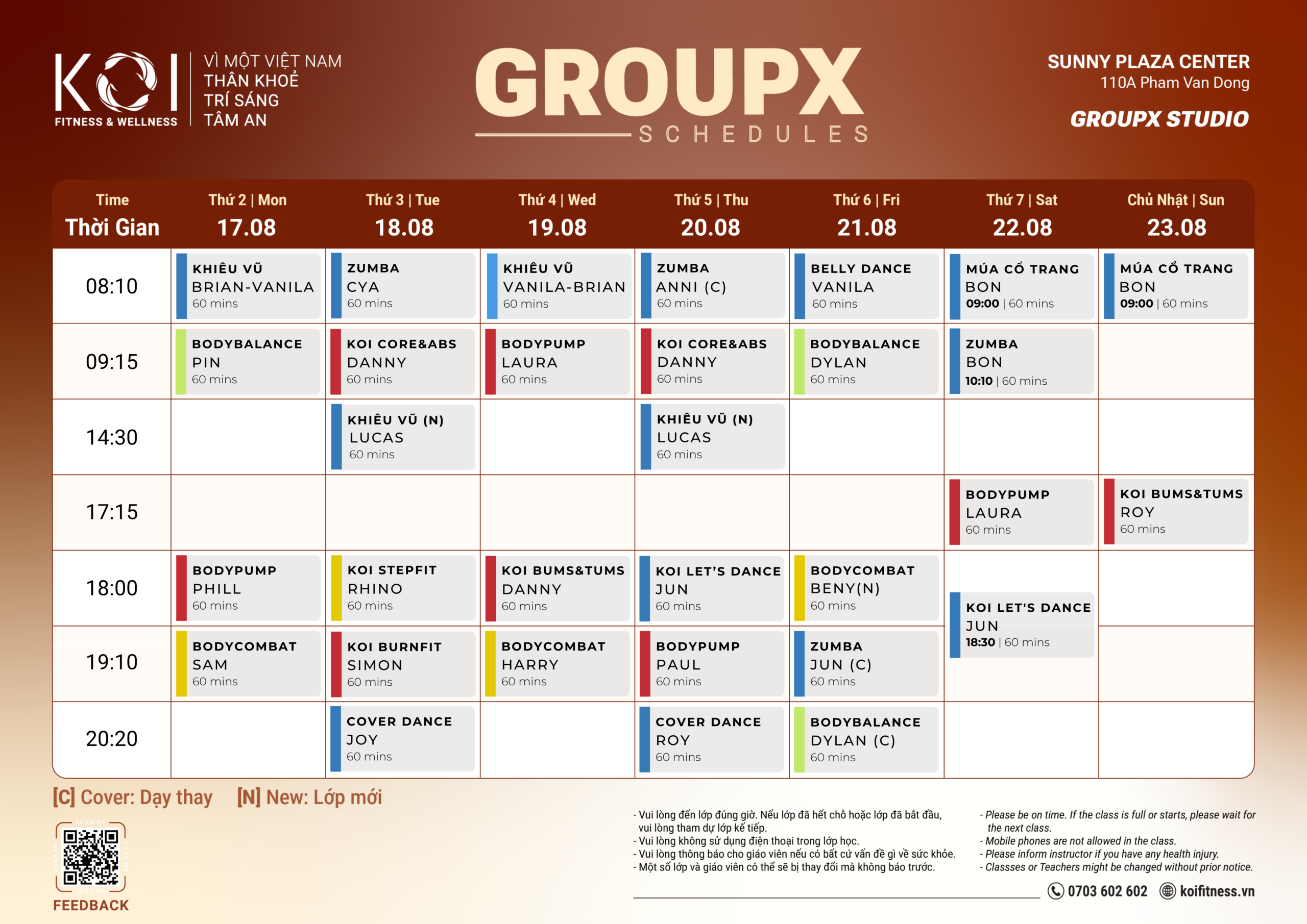 Lịch lớp Sunny Plaza - Group X