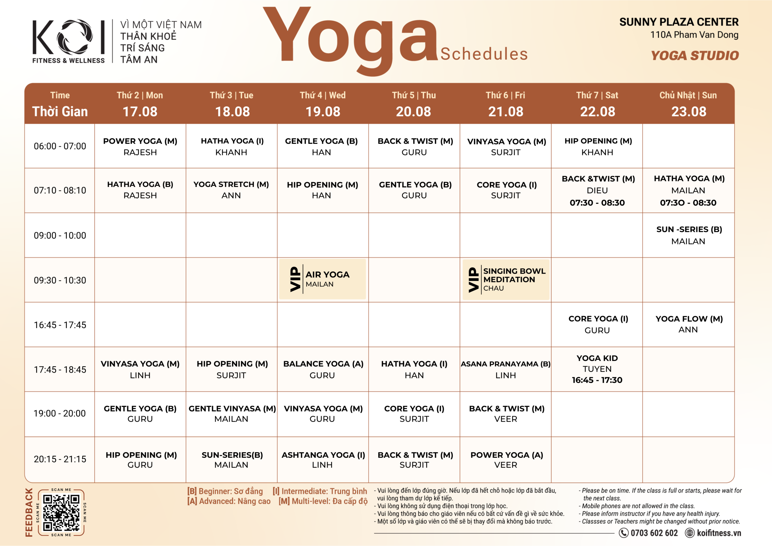 Lịch lớp Sunny Plaza - Yoga