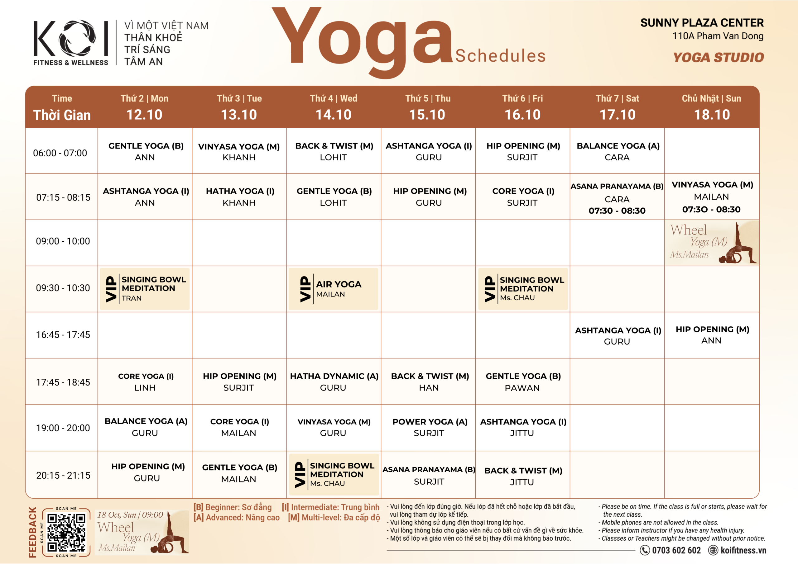 Lịch lớp Sunny Plaza - Yoga